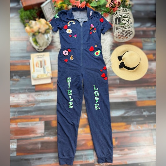 Weissman Navy Patch Jumpsuit – “Girlz Love” Retro Dance Coverall - Picture 1 of 11